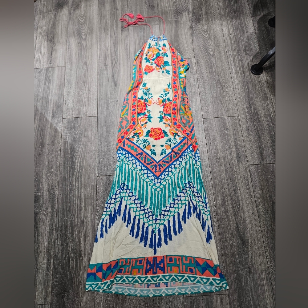 Flying tomato boho floral tribal print summer halter maxi dress size small